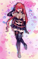 Rule 34 | @ @, absurdres, belly, belt, boots, bow, bra, breasts, choker, creator erin, fang, fangs, findom, fishnet top, fishnets, full body, garter belt, garter straps, gloves, heart, highres, hypnosis, legs, medium breasts, mind control, open mouth, pantyhose, petite, ponytail, purple eyes, red hair, salute, skirt, spiral, underwear