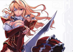 Rule 34 | 1girl, absurdres, black ribbon, blonde hair, blue eyes, blush, bow, breasts, cleavage, cleavage cutout, clothing cutout, detached sleeves, dress, eyepatch, female focus, freezing (series), frilled skirt, frills, garter straps, hair between eyes, hairband, highres, huge filesize, kim kwang hyun, large breasts, lips, long hair, long skirt, long sleeves, no bra, official art, parted bangs, parted lips, ribbon, satellizer el bridget, scan, school uniform, shirt, skirt, sleeves past wrists, solo, sword, torn clothes, turtleneck, weapon, white legwear