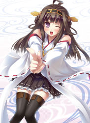 Rule 34 | 10s, 1girl, ;d, ahoge, brown hair, detached sleeves, hair ornament, hairband, headgear, japanese clothes, kantai collection, kongou (kancolle), long hair, one eye closed, open mouth, personification, purple eyes, sakai sakae, smile, solo, thighhighs, wide sleeves, wink