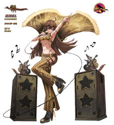 Rule 34 | 1girl, absurdres, arm up, black eyes, blonde hair, boots, bracelet, breasts, brown hair, cho gum, crop top, eyewear on head, full body, grin, guitar, high heel boots, high heels, highres, holding, holding microphone, instrument, jewelry, long hair, medium breasts, microphone, multicolored hair, musical note, original, pants, personification, purple nails, ring, simple background, smile, solo, speaker, spinosaurus, star-shaped eyewear, star (symbol), streaked hair, striped clothes, striped pants, underboob, very long hair, white background