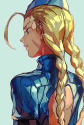 Rule 34 | 1girl, ahoge, arm belt, blonde hair, blue background, blue eyes, braid, cammy white, capcom, closed mouth, facial scar, from behind, hat, hungry clicker, long hair, long sleeves, scar, scar on cheek, scar on face, simple background, solo, street fighter, street fighter zero (series), twin braids, upper body