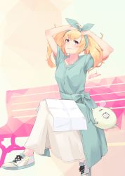 Rule 34 | 1girl, alakoala, aqua dress, blonde hair, blue eyes, blush, breasts, cellphone, closed mouth, dress, enemy lifebuoy (kancolle), gambier bay (kancolle), gradient background, hairband, highres, kantai collection, large breasts, looking at viewer, map, phone, shoes, short sleeves, smartphone, smile, sneakers, twintails