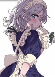Rule 34 | 1girl, apron, back, back bow, blue dress, blue eyes, blush, bow, braid, breasts, buttons, closed mouth, commentary request, dress, from behind, gloves, green bow, grey hair, hair between eyes, hair bow, hand up, highres, izayoi sakuya, looking at viewer, looking back, maid, maid headdress, medium breasts, puffy short sleeves, puffy sleeves, satomachi, short hair, short sleeves, simple background, smile, solo, touhou, twin braids, white apron, white background, white bow, white gloves