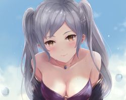 Rule 34 | 1girl, bandeau, bare shoulders, bikini, bikini top only, blue background, blush, braid, breasts, brown eyes, cleavage, closed mouth, collarbone, fire emblem, fire emblem awakening, fire emblem heroes, from above, gradient background, head tilt, jewelry, large breasts, leonmandala, long hair, looking at viewer, looking up, necklace, nintendo, o-ring, o-ring bikini, o-ring top, off shoulder, open clothes, parted bangs, purple bikini, robin (female) (fire emblem), robin (fire emblem), silver hair, smile, solo, strapless, strapless bikini, sweat, swimsuit, twintails