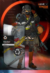 Rule 34 | 1girl, bandolier, baseball cap, boots, chinese commentary, cleaners, crack, crossover, english text, explosive, firefighter, flamethrower, gas mask, gas tank, girls&#039; frontline, gloves, grenade, hat, headset, knee pads, mask, official alternate costume, official art, riot shield, shield, skirt, smile (mm-l), solo, thighhighs, tom clancy&#039;s the division, vector (girls&#039; frontline), vector (hellfire) (girls&#039; frontline), watch, weapon, wristwatch