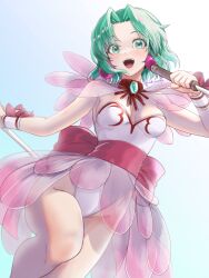 Rule 34 | 1girl, :d, armpits, back bow, bare arms, bare legs, blue background, bow, breasts, choker, cowboy shot, dagger, dancer, dot nose, dual wielding, earrings, ellis (toushinden), green eyes, green hair, highres, holding, holding dagger, holding knife, holding weapon, ivuki, jewelry, knife, leotard, looking at viewer, medium breasts, open mouth, parted bangs, pink bow, red choker, reverse grip, see-through, short hair, simple background, smile, solo, standing, standing on one leg, thighs, toushinden, twitter username, weapon, white leotard, wrist bow, wrist cuffs