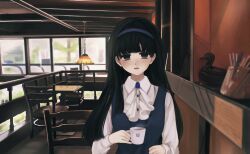 Rule 34 | 1girl, :d, ascot, black eyes, black hair, blue dress, blue hairband, blush, carving, ceiling light, collared shirt, cup, dress, drink, hairband, highres, holding, holding drink, loft (architecture), long hair, looking at viewer, mug, open mouth, original, railing, reguai623, shelf, shirt, sleeveless, sleeveless dress, smile, solo, steam, straight-on, straight hair, table, upper body, white ascot, white shirt, window, wooden chair, wooden table