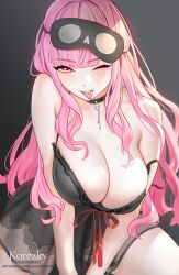 Rule 34 | 1girl, absurdres, black choker, black nightgown, breasts, choker, cleavage, highres, hololive, hololive english, large breasts, long hair, looking at viewer, mori calliope, mori calliope (sleepwear), nightgown, official alternate costume, official alternate hairstyle, olga korezky, pink hair, red eyes, sleep mask, sleepwear, solo, tongue, tongue out, underbust, virtual youtuber