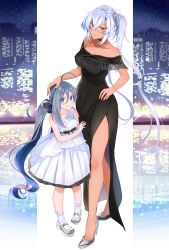 Rule 34 | 2girls, absurdres, ahoge, bare shoulders, black choker, black dress, black footwear, blue dress, blue eyes, breasts, choker, city lights, cleavage, collarbone, commentary, dark-skinned female, dark skin, dress, glasses, grey hair, headpat, height difference, high heels, highres, kantai collection, kiyoshimo (kancolle), large breasts, long hair, looking at viewer, multiple girls, musashi (kancolle), musashi kai ni (kancolle), off shoulder, red eyes, sidelocks, small breasts, smile, standing, twintails, white footwear, yunamaro
