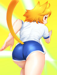 Rule 34 | 1girl, animal ears, ass, cat ears, cat tail, clothing cutout, from behind, gym uniform, looking back, motion blur, orange hair, original, pantylines, red eyes, running, shorts, solo, tail, tail through clothes, ueyama michirou