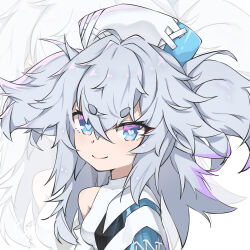 Rule 34 | 1girl, absurdres, blue eyes, closed mouth, commentary, florence (neural cloud), girls&#039; frontline, girls&#039; frontline neural cloud, grey hair, heart, heart-shaped pupils, highres, looking at viewer, medium hair, messy hair, nurse, pa-15 (girls&#039; frontline), pakua, short eyebrows, single bare shoulder, smile, solo, symbol-shaped pupils, upper body, zoom layer