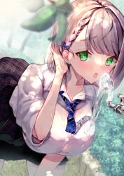 Rule 34 | 1girl, bent over, black skirt, blue necktie, blurry, blurry foreground, blush, bob cut, braid, breasts, bush, collarbone, collared shirt, dappled sunlight, dot nose, drinking fountain, green eyes, grey hair, hair behind ear, hair ornament, highres, hololive, large breasts, looking at viewer, loose necktie, necktie, nekoponchiar, open mouth, outdoors, parted bangs, purple hair, school uniform, shadow, shirogane noel, shirogane noel (casual), shirt, short hair, skirt, sleeves rolled up, solo, spread legs, sunlight, teeth, upper teeth only, virtual youtuber, wet, wet clothes, white shirt, white sleeves, x hair ornament