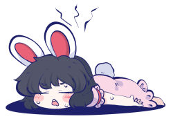 Rule 34 | 1girl, animal ears, arm at side, black hair, chahan (fried rice0614), chibi, closed eyes, dress, drooling, full body, inaba tewi, lying, mouth drool, on stomach, open mouth, pink dress, rabbit ears, rabbit tail, round teeth, shadow, short hair, short sleeves, simple background, solo, sweat, tail, teeth, touhou, upper teeth only, white background