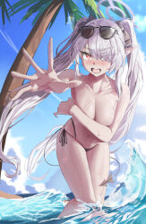 Rule 34 | 1girl, absurdres, bikini, black bikini, blue archive, blue sky, blush, breasts, cloud, collarbone, covering privates, covering breasts, day, espresso 1004, eyes visible through hair, eyewear on head, floating hair, grey hair, hair over one eye, halo, highres, iori (blue archive), iori (swimsuit) (blue archive), long hair, looking at viewer, medium breasts, multi-strapped bikini bottom, navel, open hand, outdoors, outstretched arm, palm tree, side-tie bikini bottom, sky, solo, stomach, sunglasses, swimsuit, tan, tears, topless, tree, twintails, v-shaped eyebrows, very long hair, wading, water, wet