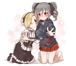 Rule 34 | 2girls, 7010, :t, bare legs, barefoot, blonde hair, blood, blood splatter, blush, brown eyes, cosplay, costume switch, drill hair, frills, gothic lolita, grey hair, hair over one eye, hair ribbon, hairband, height difference, hood, hoodie, idolmaster, idolmaster cinderella girls, kanzaki ranko, kanzaki ranko (cosplay), kneeling, lolita fashion, multiple girls, outstretched hand, plaid, plaid skirt, pout, red eyes, red skirt, ribbon, shirasaka koume, shirasaka koume (cosplay), short hair, skirt, sleeves past wrists, tears, twin drills, twintails