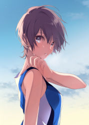 Rule 34 | 1girl, arm at side, bare arms, bare shoulders, blue eyes, blue one-piece swimsuit, blue sky, blush, breasts, brown hair, cloud, competition swimsuit, dark-skinned female, dark skin, day, dripping, earrings, from side, hair between eyes, hand on own shoulder, highres, jewelry, light particles, light smile, lips, looking at viewer, looking to the side, messy hair, morning, one-piece swimsuit, original, outdoors, parted lips, short hair, sky, small breasts, solo, stud earrings, swept bangs, swimsuit, tareme, tears, umiko (munemiu), very short hair, water, water drop, wet