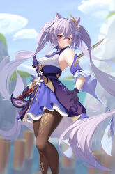 Rule 34 | 1girl, absurdres, blush, braid, brown pantyhose, closed mouth, commentary, cone hair bun, crossed bangs, detached sleeves, double bun, dress, feet out of frame, frilled gloves, frills, genshin impact, gloves, hair bun, hair ornament, highres, holding, holding sword, holding weapon, keqing (genshin impact), lion&#039;s roar (genshin impact), long hair, long sleeves, looking at viewer, neck tassel, pantyhose, pink eyes, purple dress, purple gloves, purple hair, short dress, sidelocks, solo, styx, sword, twintails, very long hair, weapon, wide sleeves