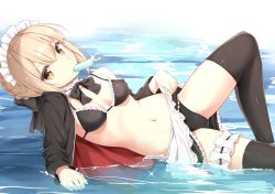 Rule 34 | 1girl, absurdres, apron, artoria pendragon (alter swimsuit rider) (fate), artoria pendragon (alter swimsuit rider) (second ascension) (fate), artoria pendragon (fate), bikini, black bikini, black thighhighs, braid, breasts, brown eyes, crown braid, fate/grand order, fate (series), food, frill trim, frills, highres, jacket, karutamo, light brown hair, lying, maid, maid bikini, maid headdress, mouth hold, on back, open clothes, open jacket, partially submerged, popsicle, small breasts, solo, sparkle, swimsuit, thighhighs, unconventional maid, waist apron