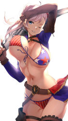 Rule 34 | 1girl, absurdres, american flag bikini, american flag print, arm up, asymmetrical hair, bikini, blue eyes, blush, bouncing breasts, breasts, brown gloves, bun cover, cleavage, fate/grand order, fate (series), fingerless gloves, flag print, gloves, gunblade, hair bun, hand gesture, highres, hotate-chan, large breasts, long hair, looking to the side, miyamoto musashi (fate), miyamoto musashi (fate/grand order), miyamoto musashi (swimsuit berserker) (fate), miyamoto musashi (swimsuit berserker) (second ascension) (fate), navel, one eye closed, parted lips, pink hair, print bikini, shrug (clothing), single hair bun, sky, smile, solo, swept bangs, swimsuit, thigh strap, trigger discipline, unaligned breasts, w, weapon, white background