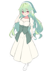 Rule 34 | 1girl, :d, blush, commentary request, dress, full body, green hair, hair between eyes, hand up, highres, long hair, looking at viewer, open mouth, original, pantyhose, pleated dress, puffy short sleeves, puffy sleeves, red eyes, roido (taniko-t-1218), shoes, short sleeves, simple background, smile, solo, standing, veil, very long hair, white background, white dress, white footwear, white pantyhose