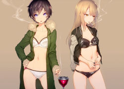 Rule 34 | 2girls, beige background, black bra, black hair, black panties, bra, breasts, cigarette, contrapposto, cowboy shot, cropped, gluteal fold, hand on own hip, jacket, jacket on shoulders, light brown hair, lighter, long hair, mouth hold, multiple girls, navel, nilitsu, open clothes, open jacket, original, panties, parted lips, purple eyes, short hair, simple background, small breasts, smoking, underwear, white bra, white panties, yellow eyes