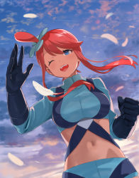 Rule 34 | 1girl, black gloves, blue eyes, blush, breasts, clenched hand, cloud, commentary request, creatures (company), crop top, day, eyelashes, feathers, floating hair, game freak, gloves, gym leader, hair ornament, highres, hirono (hxze4434), navel, nintendo, open mouth, outdoors, pokemon, pokemon bw, red hair, sidelocks, sky, skyla (pokemon), smile, solo, teeth, tongue