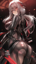 Rule 34 | 1girl, armored bodysuit, ass, black bodysuit, blush, bodysuit, breasts, closed mouth, from behind, goddess of victory: nikke, grey hair, hair between eyes, highres, himonoata, huge ass, large breasts, long hair, looking at viewer, mole, mole on ass, official alternate costume, red eyes, scarlet (black shadow) (nikke), scarlet (nikke), solo, weapon