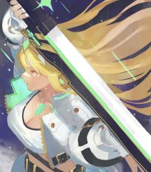 Rule 34 | 1girl, alternate costume, blonde hair, breasts, cleavage, earrings, gem, gloves, headpiece, jacket, jewelry, large breasts, long hair, mythra (xenoblade), shorts, solo, sou (pale 1080), swept bangs, sword, very long hair, weapon, xenoblade chronicles (series), xenoblade chronicles 2, yellow eyes