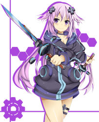 Rule 34 | 10s, 1girl, adult neptune, artist request, breasts, cleavage, collar, crossed arms, d-pad, dual wielding, female focus, hair ornament, highres, holding, hood, hoodie, long hair, neptune (neptunia), neptune (series), no pants, purple eyes, purple hair, shin jigen game neptune vii, smile, solo, sword, weapon