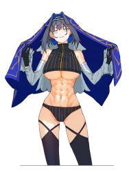 Rule 34 | abs, black gloves, black thighhighs, blue cape, blue eyes, blue hair, bow, bow earrings, breasts, cape, chain, collarbone, dark blue hair, earrings, gloves, hair intakes, highres, hololive, hololive english, jewelry, large breasts, looking at viewer, midriff, naval, ouro kronii, panties, solo, standing, striped clothes, striped panties, thighhighs, toned, toned belly, toned female, turtleneck crop top, underboob, underwear, virtual youtuber, yuutomeh