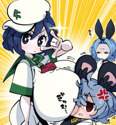 Rule 34 | &lt;o&gt; &lt;o&gt;, 3girls, \m/, alternate breast size, anger vein, animal ears, between breasts, black eyes, black hair, blue hair, blush, breast envy, breasts, bright pupils, cabbie hat, colored skin, commentary request, cookie (touhou), empty eyes, face between breasts, fake animal ears, flour (cookie), frown, gram 9, green sailor collar, grey hair, hat, head between breasts, huge breasts, impossible clothes, impossible shirt, kumoi ichirin, looking at another, looking at viewer, milk (cookie), mouse ears, mouse girl, multiple girls, murasa minamitsu, nazrin, neckerchief, nyon (cookie), open mouth, parted bangs, red eyes, red neckerchief, sailor collar, sailor shirt, shaded face, shirt, short hair, short sleeves, shorts, sparkle, touhou, upper body, white headwear, white pupils, white shirt, white shorts, white skin, yellow background