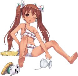 Rule 34 | 10s, 1girl, barefoot, bow, dark-skinned female, dark skin, fallen down, feet, full body, hair bow, hair ornament, jiji (aardvark), kantai collection, libeccio (kancolle), lowres, official art, one eye closed, simple background, soles, solo, swimsuit, transparent background, twintails