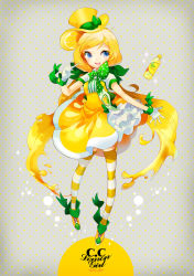Rule 34 | 1girl, blonde hair, blue eyes, bottle, bow, c.c. lemon, c.c. lemon (character), dress, food, frills, fruit, gloves, hat, highres, juice, lemon, long hair, md5 mismatch, resolution mismatch, skirt, solo, source smaller, striped clothes, striped thighhighs, thighhighs, twintails, welchino, white gloves, yellow dress, yellow skirt