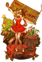 Rule 34 | 1girl, alcohol, blonde hair, blue eyes, carrying, cheese, christmas tree, copyright request, dress, food, gift, open mouth, pinkpero, short dress, sign, solo, table, thighhighs, twintails, wine