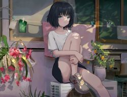Rule 34 | 1girl, :t, air conditioner, black hair, blue eyes, bob cut, clothes pin, clothesline, commentary, condenser unit, english commentary, engrish commentary, flower, highres, kgt (pixiv12957613), knee up, miniskirt, new balance, original, plant, potted plant, pout, revision, shirt, shoes, short hair, sitting, skirt, sneakers, solo, t-shirt, thighs, vase