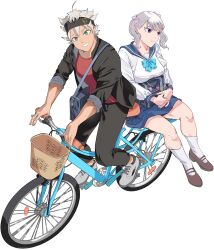Rule 34 | 1girl, artist request, asta (black clover), bag, bicycle, black clover, blue sailor collar, closed mouth, contemporary, full body, green eyes, headband, highres, long hair, long sleeves, noelle silva, open clothes, open mouth, open shirt, pants, purple eyes, red shirt, sailor collar, school bag, school uniform, serafuku, shirt, shoes, sitting, smile, socks, source request, teeth, twintails, white hair, white socks