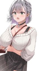 Rule 34 | 1girl, absurdres, bag, between breasts, blush, breasts, choker, cleavage, green eyes, handbag, highres, hololive, large breasts, multiple girls, open mouth, plaid, plaid skirt, red hair, ribbed sweater, shirogane noel, short hair, silver hair, skirt, sks rr, solo, sweater, virtual youtuber, white background