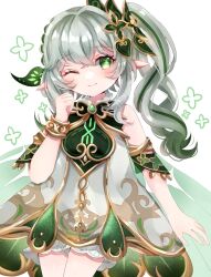 Rule 34 | 1girl, ;), arm at side, bloomers, blush, cape, cherry blossoms, clenched hand, closed mouth, commentary, cowboy shot, cross-shaped pupils, detached sleeves, dress, eyelashes, genshin impact, gradient hair, green cape, green eyes, green hair, green sleeves, grey hair, hair between eyes, hair intakes, hair ornament, hand up, happy, highres, jaku sono, leaf hair ornament, long hair, looking at viewer, multicolored hair, nahida (genshin impact), one eye closed, pointy ears, short sleeves, side ponytail, sidelocks, signature, simple background, sleeveless, sleeveless dress, smile, solo, symbol-shaped pupils, tsurime, underwear, white background, white bloomers, white dress