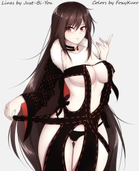Rule 34 | 1girl, black dress, breasts, brown hair, center opening, choker, collarbone, commentary, cowboy shot, dress, fate/grand order, fate (series), foxykuro, fur trim, grey background, large breasts, long hair, looking at viewer, navel, red eyes, side-tie dress, signature, solo, strapless, strapless dress, very long hair, yu mei-ren (fate)