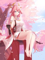 Rule 34 | 1girl, absurdres, bare legs, bare shoulders, barefoot, blue sky, breasts, cherry blossoms, chinese commentary, cloud, commentary request, day, detached sleeves, feet, genshin impact, highres, large breasts, legs, lingshalan, long hair, looking at viewer, nontraditional miko, outdoors, pink hair, purple eyes, shirt, sitting, sky, sleeveless, sleeveless shirt, smile, solo, thighs, toenails, toes, very long hair, white shirt, yae miko