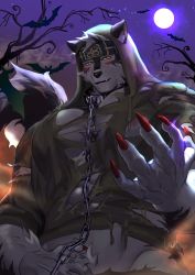 Rule 34 | 078-kun, 1boy, abs, alternate costume, animal costume, animal ears, backlighting, bara, bare pectorals, blush, body hair, chain, chest hair, fingernails, full moon, furry, furry male, glowing, glowing eyes, grey fur, grey hair, half-closed eyes, halloween, halloween costume, headband, highres, hood, horkeu kamui, large pectorals, looking at viewer, male focus, male pubic hair, moon, muscular, navel, nipples, pectorals, pubic hair, sharp fingernails, sharp teeth, shirt, short hair, solo, tail, tail raised, teeth, thick thighs, thighs, tokyo houkago summoners, torn clothes, torn shirt, two-tone fur, white fur, wolf boy, wolf costume, wolf ears, wolf tail, yellow eyes