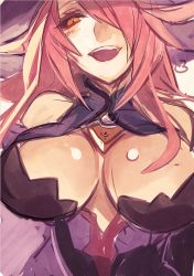 Rule 34 | 1girl, bad id, bad pixiv id, bare shoulders, blazblue, blush, breasts, cleavage, hat, hyakuhachi (over3), konoe a. mercury, large breasts, long hair, looking at viewer, open mouth, red hair, smile, solo, upper body, witch hat, yellow eyes