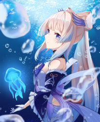 Rule 34 | 1girl, absurdres, blunt bangs, blurry, bubble, commentary request, depth of field, detached sleeves, from side, genshin impact, gloves, gradient hair, hair ornament, highres, jellyfish, long hair, long sleeves, looking at viewer, looking to the side, low twintails, multicolored hair, ocean, pink hair, purple eyes, sangonomiya kokomi, shinono felca, sidelocks, smile, strapless, twintails, two-tone hair, underwater, white gloves, wide sleeves