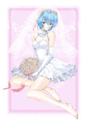 1girl ayanami_rei bare_shoulders barefoot blue_hair bouquet breasts bridal_veil bride cleavage crown dress elbow_gloves feet female_focus flower frilled_dress frills full_body gloves hair_flower hair_ornament medium_breasts neon_genesis_evangelion pink_background red_eyes sakuma see-through_clothes short_hair simple_background smile solo tiara toes veil wedding_dress white_dress white_gloves