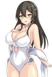 Rule 34 | 1girl, alternate breast size, alternate costume, black hair, breasts, casual one-piece swimsuit, cleavage, commentary, cosplay, cowboy shot, dated, frilled one-piece swimsuit, frilled swimsuit, frills, hair ornament, hairclip, highres, kantai collection, large breasts, long hair, montemasa, one-hour drawing challenge, one-piece swimsuit, oyashio (kancolle), sagiri (kancolle), sagiri (kancolle) (cosplay), shawl, side-tie swimsuit, simple background, solo, swimsuit, thick thighs, thighs, twitter username, white background, white one-piece swimsuit, white shawl, yellow eyes