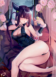 Rule 34 | 1girl, ass, bare shoulders, black dress, blue eyes, blunt bangs, blush, breasts, china dress, chinese clothes, cleavage, cup, curtains, detached sleeves, dress, drinking glass, fate/grand order, fate (series), fingernails, flower, hair ornament, highres, large breasts, leaf, leaf hair ornament, long fingernails, long hair, looking at viewer, nail polish, obiwan, open mouth, purple hair, sidelocks, solo, thighs, twintails, very long hair, yang guifei (fate), yang guifei (second ascension) (fate)