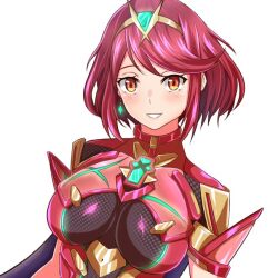 Rule 34 | 1girl, :d, breasts, chest jewel, circlet, earrings, glowing, grin, jewelry, large breasts, looking at viewer, medium hair, open mouth, pyra (xenoblade), red eyes, red hair, samu poteto, short sleeves, simple background, smile, solo, swept bangs, teeth, upper body, white background, xenoblade chronicles (series), xenoblade chronicles 2