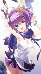 Rule 34 | 1girl, :d, ahoge, akanagi youto, armpits, arms up, azur lane, bare arms, bare shoulders, beige background, blue background, blue eyes, blue scarf, blush, bow, bracelet, breasts, cleavage, commentary request, cowboy shot, cross hair ornament, crown, flag, gloves, gradient background, hair between eyes, hair ornament, head tilt, highres, holding, holding flag, javelin (azur lane), jewelry, looking at viewer, mini crown, miniskirt, open mouth, plaid, plaid skirt, pleated skirt, purple hair, purple skirt, red bow, scarf, single glove, skirt, small breasts, smile, solo, thighs, white background, white gloves