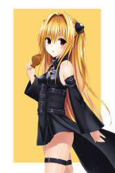 Rule 34 | 1girl, bare shoulders, blonde hair, blush, covered erect nipples, detached sleeves, fingernails, food, food request, hair between eyes, highres, holding, konjiki no yami, parted lips, red eyes, skyks, solo, taiyaki, thigh strap, to love-ru, to love-ru darkness, two-tone background, wagashi, yellow background