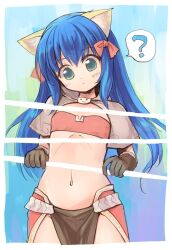 Rule 34 | 1girl, ?, animal ear fluff, animal ears, bikini, bikini top only, blue hair, blush, border, bow, brown capelet, brown gloves, capelet, cat ears, closed mouth, commentary request, cowboy shot, elbow gloves, emurin, expressionless, flat chest, gloves, green eyes, hair bow, highres, long hair, looking at viewer, mage (ragnarok online), majiko (emurin), midriff, multiple hair bows, navel, ragnarok online, red bikini, red bow, red skirt, showgirl skirt, skirt, solo, split depth, spoken question mark, swimsuit, white border
